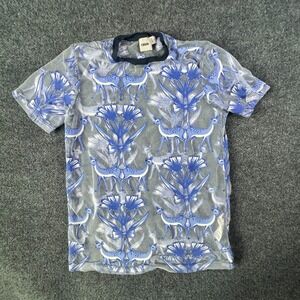 ASOS Sheer Mesh T Shirt Womens‎ 0 White Blue Fawn Bow Floral Print Casual Top